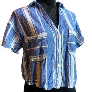 Button up, cropped, short sleeve, linen, striped blouse, Sz: XS